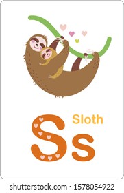 Cute Animals alphabet for kids education. Funny hand drawn style characters. S for Sloth. Vector illustration.