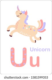 Cute Animals alphabet for kids education. Funny hand drawn style characters. U for Unicorn. Vector illustration.