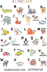 Cute animals alphabet for kids education. Vector illustration.