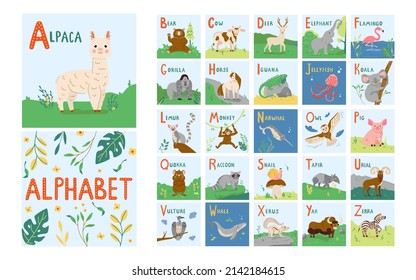 Cute Animals alphabet for kids education from A to Z. Childish vector font for kids ABC book with hand drawn animal characters with background