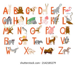 Cute Animals alphabet for kids education. Childish vector font for kids ABC book with hand drawn animal characters isolated on white