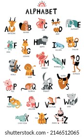 Cute Animals alphabet for kid's education. Isolated capital letters with related Scandinavian style birds, and mammals. Childish font for kids ABC book symbols pack. Vector illustration.