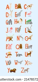 Cute Animals alphabet for kids education. Childish vector font for kids ABC book with hand drawn animal characters isolated