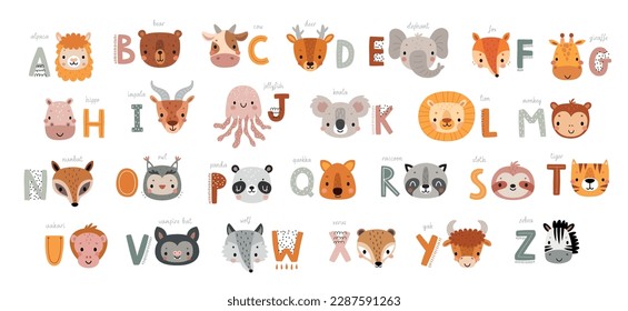 Cute Animals alphabet for kids  education. Funny hand drawn style characters. Vector illustration.