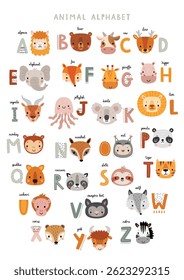 Cute Animals alphabet for kids  education. Funny hand drawn style characters. Vector illustration.