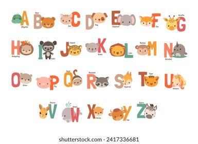 Cute animals alphabet for kids. School visual aids elementary education. Fun kawaii style animal characters and letters. Zoo ABC learning poster. Vector illustration. Cartoon alphabet for children.