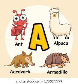 Cute Animals Alphabet Letter A for Ant Alpaca Aardvark Armadillo