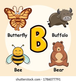 Cute Animals Alphabet Letter B for Butterfly Buffalo Bee Bear