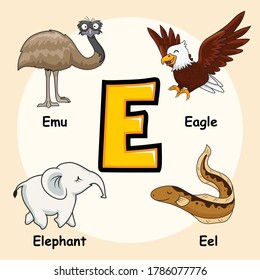 Cute Animals Alphabet Letter E for Eagle Emu Elephant Eel