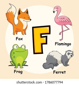 Cute Animals Alphabet Letter F for Fox Flamingo Frog Ferret