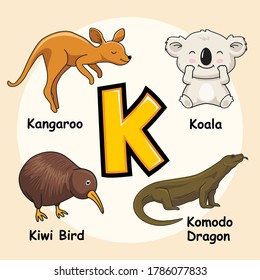 Cute Animals Alphabet Letter K for Koala Kangaroo Kiwi Bird Komodo Dragon