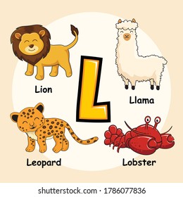 Cute Animals Alphabet Letter L for Lion Lobster Leopard Llama