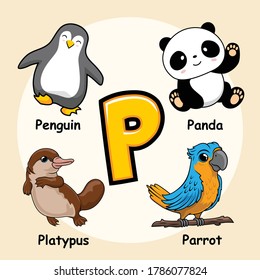 Cute Animals Alphabet Letter P for Penguin Panda Platypus Parrot