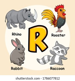 Cute Animals Alphabet Letter R for Raccoon Rooster Rhinoceros Rabbit Rhino