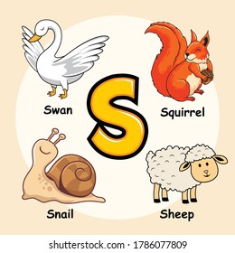 Cute Animals Alphabet Letter S for Squirrel Sheep Swan Snail