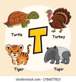 Cute Animals Alphabet Letter T for Turtle Tiger Turkey Tapir