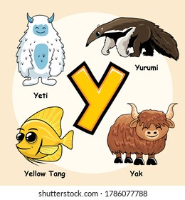 Cute Animals Alphabet Letter Y for Yak Yeti Yuruni Yellow Tang