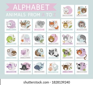 Cute animals alphabet poster for kids from A to Z. Cartoon different animals cards. Vector illustration