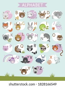 Cute animals alphabet poster for kids from A to Z. Cartoon different animals isolated on sky and grass background. Vector illustration