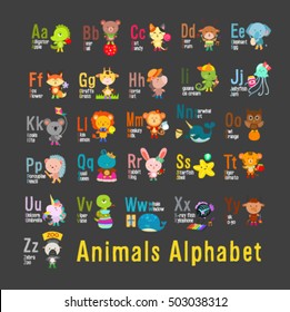 cute animals with alphabet and toys under blackboard background