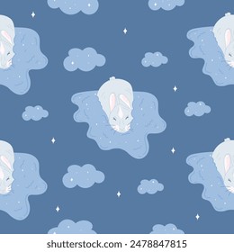 Children’s cute animals. Children’s cute animal pattern. Animal in clouds concept. Sleepy bunny on a cloud.