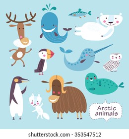 Cute animals of Arctic. Childish vector illustration of polar bear, penguin, puffin, snowy owl,
narwhal, musk ox, whale, seal and arctic fox.