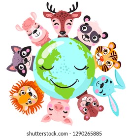 Cute animals around globe banner vector illustration. Animals planet concept, world continents fauna, world map with wild animals. Panda, lion, raccoon, deer, pig, llama, hare, tiger  in cartoon style