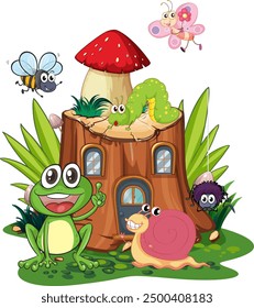 Cute animals around a mushroom house