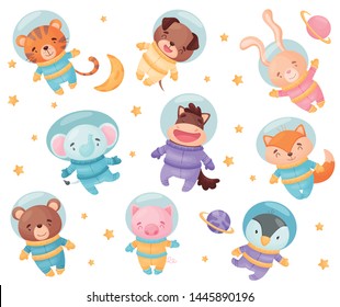 Cute animals in astronaut costumes. Vector illustration on white background.