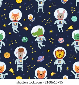 Cute animals astronauts in space seamless pattern. Tiger, lion, fox, alligator and other characters. Funny childish design for fabric and wrapping paper. Vector illustration