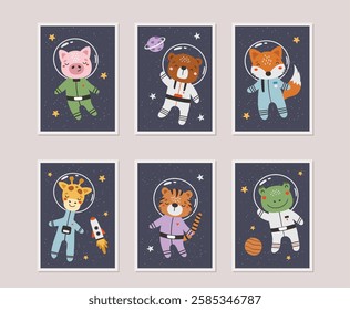 Cute animals astronauts in space set. Cosmos cards, invitation, banner. Cosmonautics Day