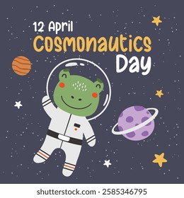 Cute animals astronauts in space set. Cosmos cards, invitation, banner. Cosmonautics Day