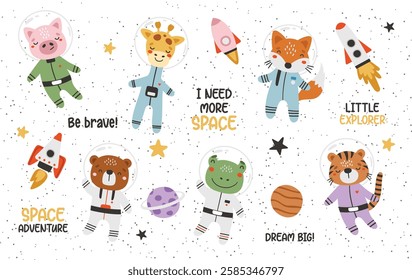 Cute animals astronauts in space set, with planets, stars and spaceships. Flat design 