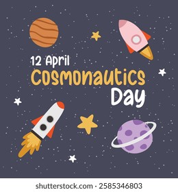 Cute animals astronauts in space set. Cosmos cards, invitation, banner. Cosmonautics Day