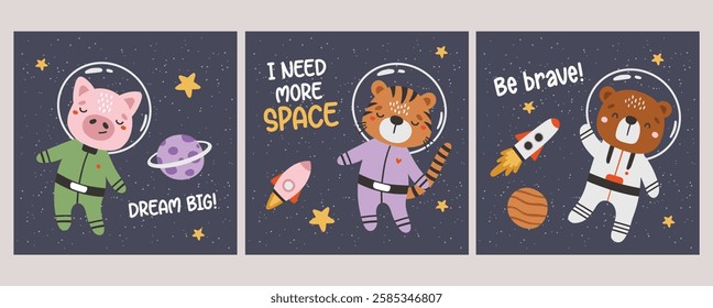 Cute animals astronauts in space set. Cosmos cards, invitation, banner. Cosmonautics Day