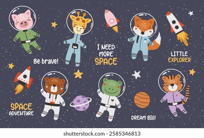 Cute animals astronauts in space set, with planets, stars and spaceships. Flat design 