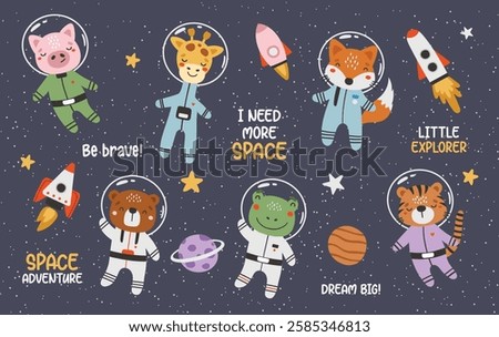 Cute animals astronauts in space set, with planets, stars and spaceships. Flat design 