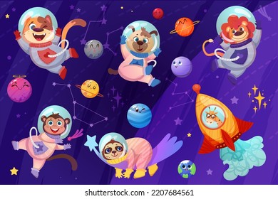 Cute animals astronauts in spacesuit flying in open space. Cartoon happy dog, monkey, lion and sloth cosmonauts in cosmos galaxy with planets, stars and constellations. Flat giraffe flying in rocket.