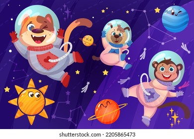 Cute animals astronauts in spacesuits flying in open space. Happy dogs and monkey cosmonauts in helmet exploring universe galaxy with planets, stars and constellations cartoon vector illustration.