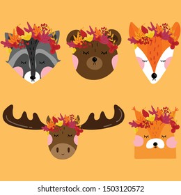 Cute animals in autmn weath set on orange background vector illustartion hand draw desing