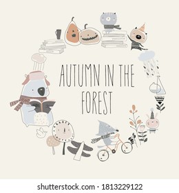 Cute animals with autumn elements. Hello autumn