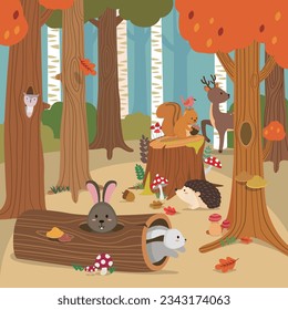 Cute animals in autumn forest.