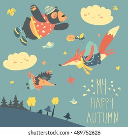 Cute animals and autumn leaves flying in the sky