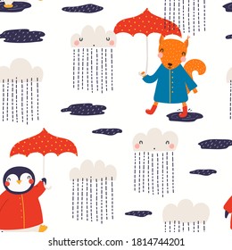 Cute animals, autumn rain seamless pattern. Penguin, squirrel with umbrellas. Hand drawn vector illustration. Scandinavian style flat design. Concept kids textile, fashion print, wallpaper, packaging.