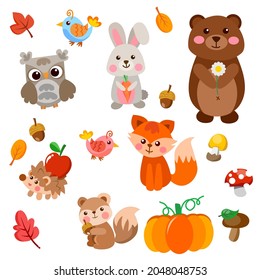 Cute animals autumn vectors set Design 