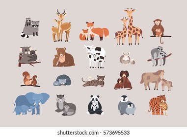 cute animals with babies set. raccoon, deer, fox, giraffe, monkey, koala, bear, cow, rabbit, sloth, squirrel, hedgehog, cat, dog, pony horse, elephant, wolf with cubs. collection flat illustration.