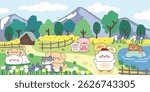 Cute animals and baby do different activities in farm grass background.Rabbit,dog,cat,sheep,pig,chicken,hen,frog hand drawn.Nature.Flower and mountain.Cartoon.Kawaii.Vector.