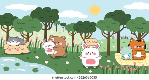 Cute animals and baby do different activities in the forest background.Nature.Dog,cat,bear,rabbit,tiger,frog hand drawn.Cartoon.Kawaii.Vector.Illustration.