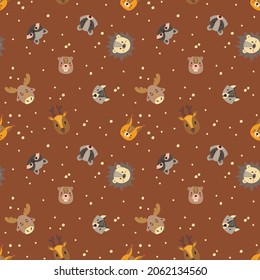 Cute animals, baby seamless hand drawn pattern. Digital paper depicting deer, elk, wolf, squirrel, badger, beaver and raccoon. Vector illustration.