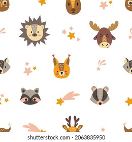 Cute animals, baby seamless hand drawn pattern. Digital paper depicting deer, elk, wolf, squirrel, badger, beaver, owl and raccoon. Vector illustration.